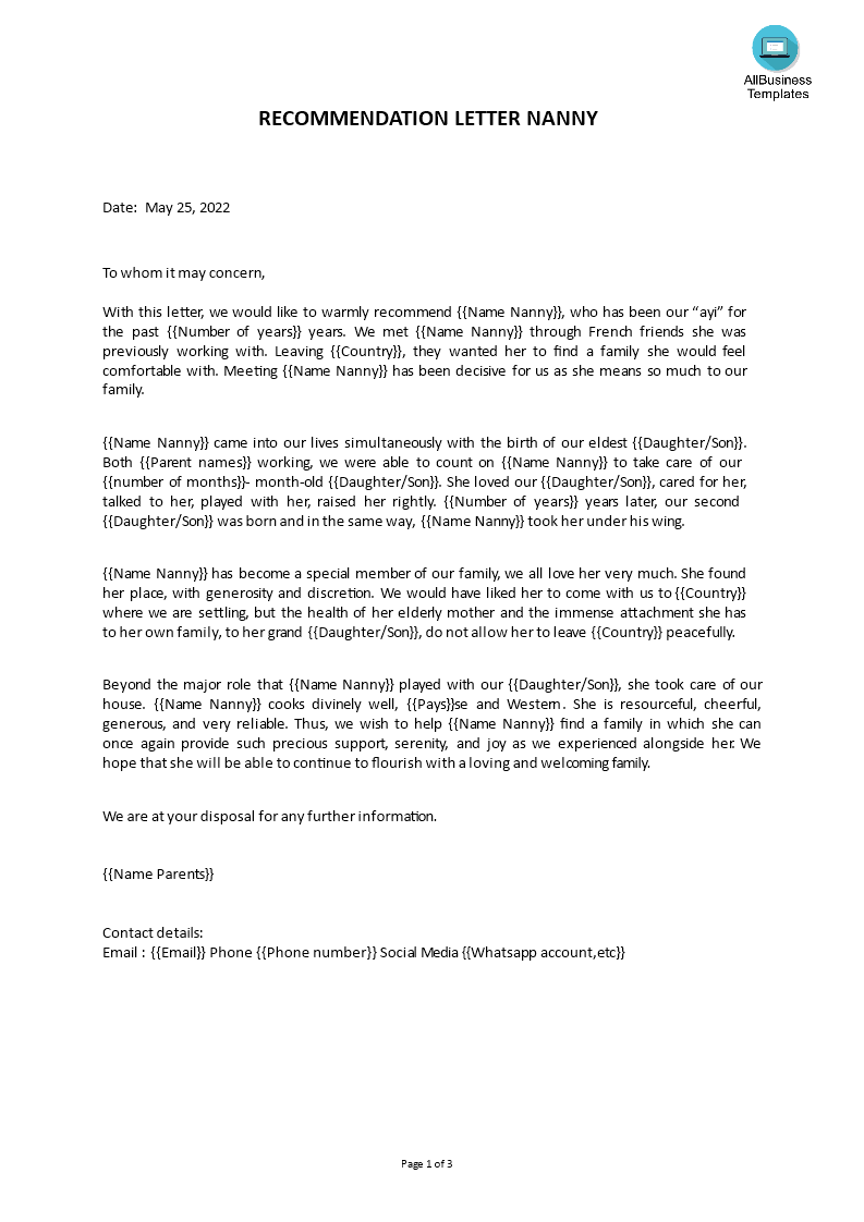 recommendation letter nanny template