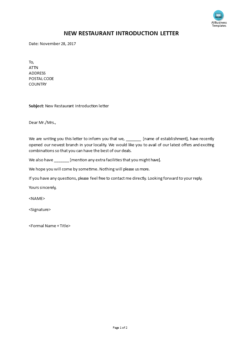 New Restaurant Introduction Letter main image