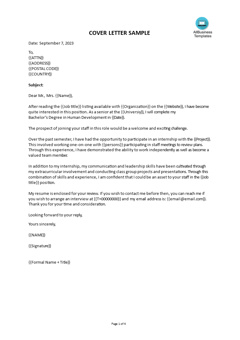 formal application letter sample template