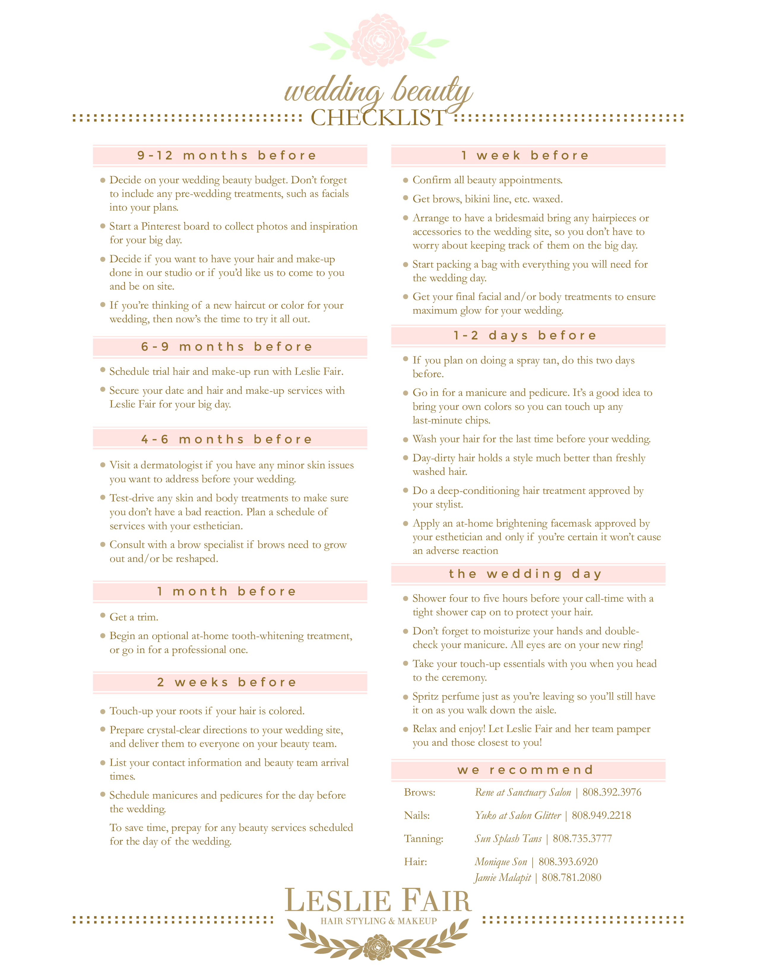 printable wedding beauty checklist template