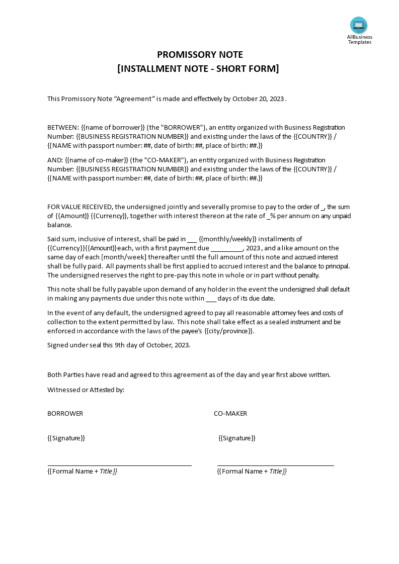 Installment Promissory Note Template