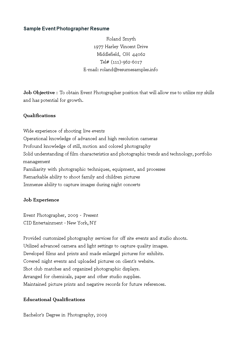 Event Photographer Resume Sample main image