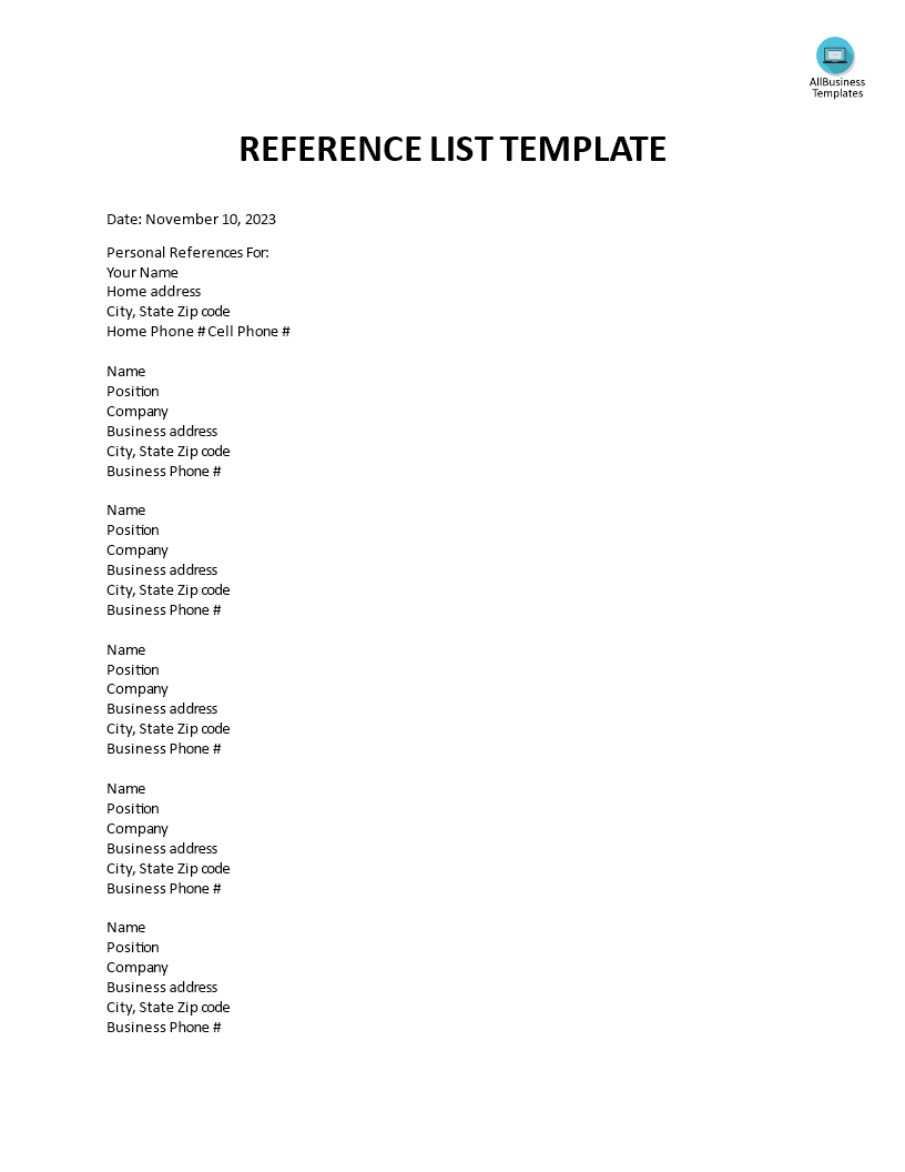 Personal reference list template example page for resume sample.