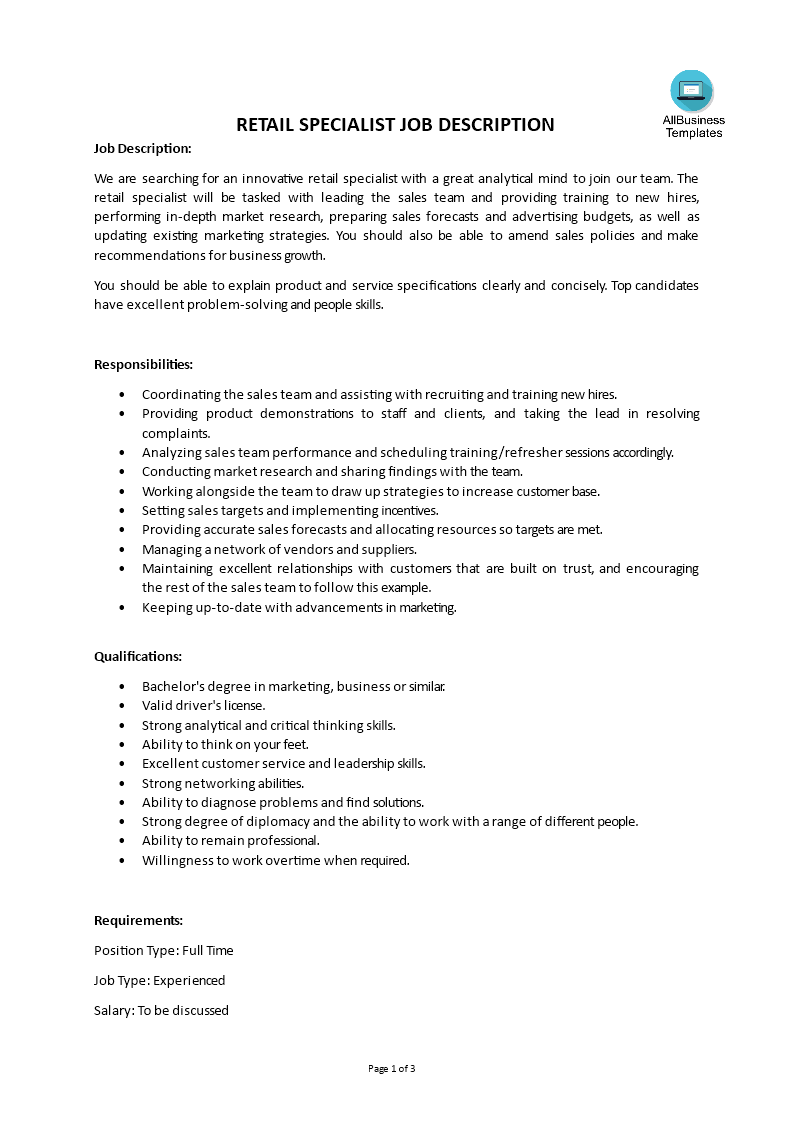 retail specialist job description modèles