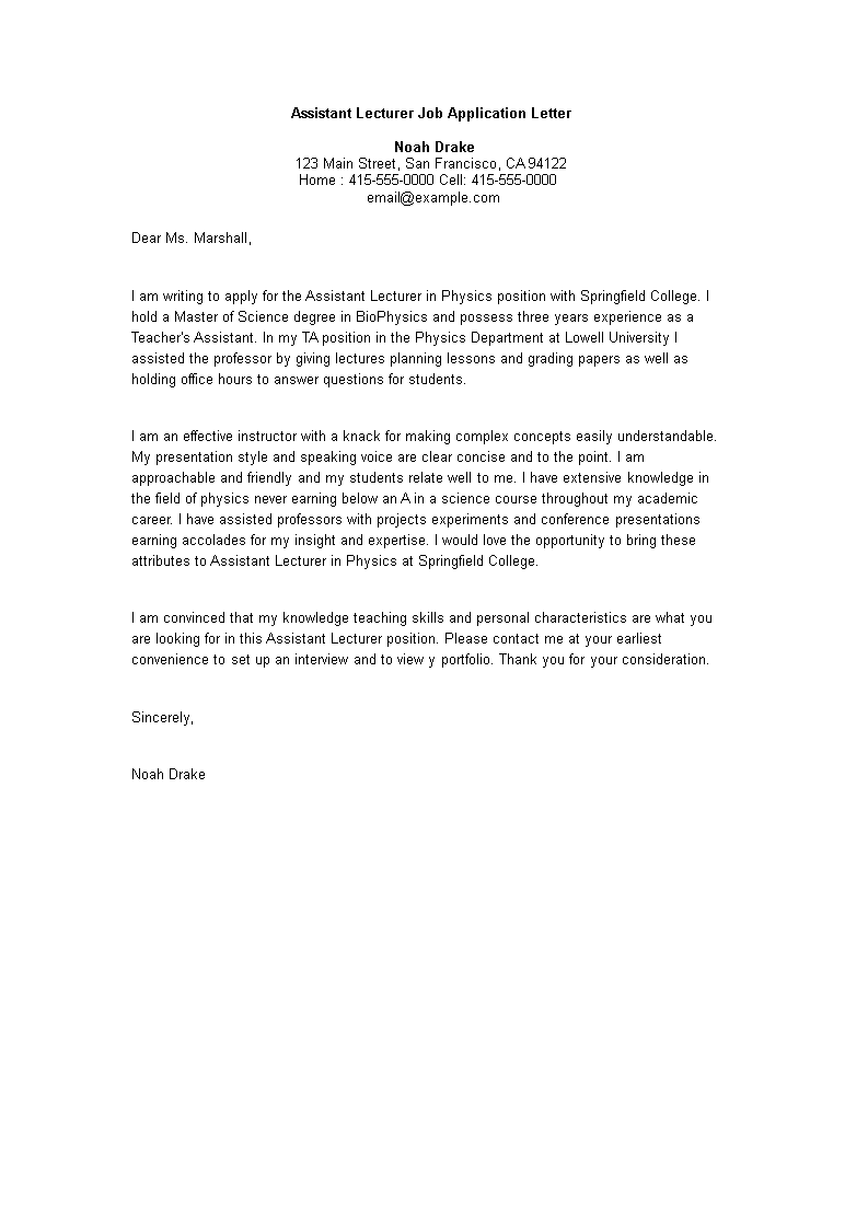 sample application letter for lecturing job