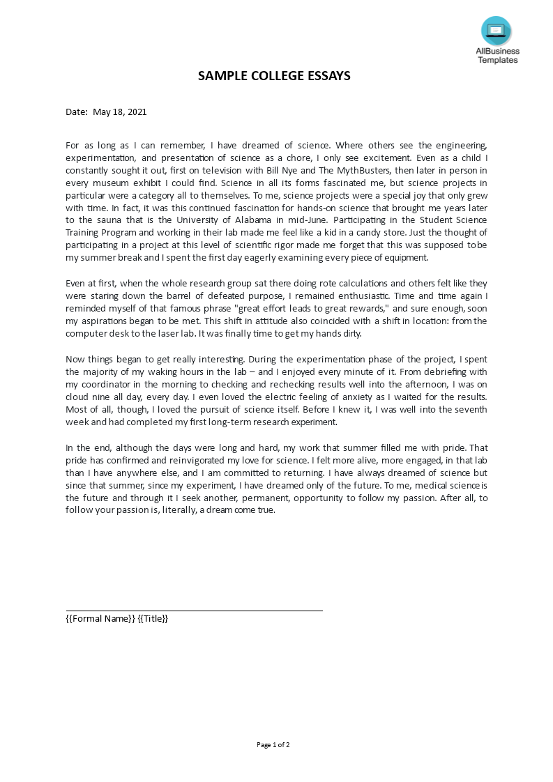 Sample College Essay Templates At Allbusinesstemplates