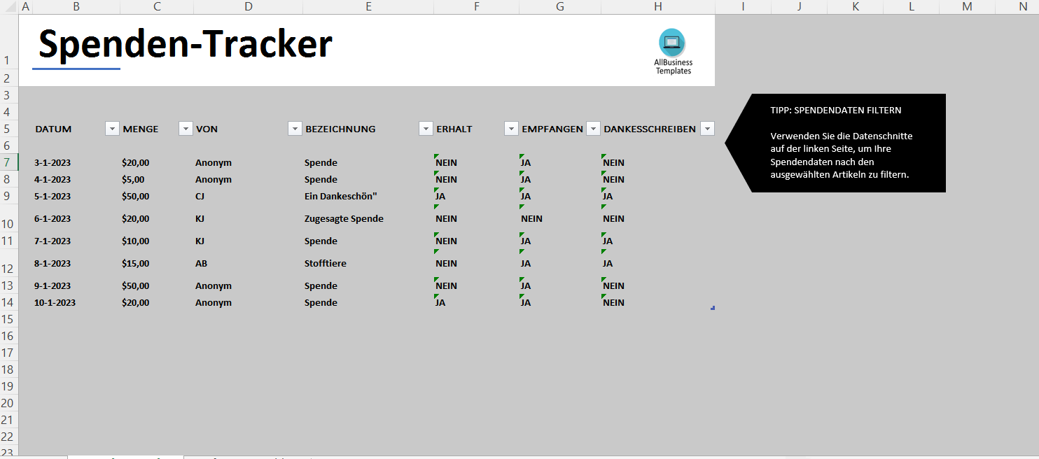 spenden-tracker excel modèles