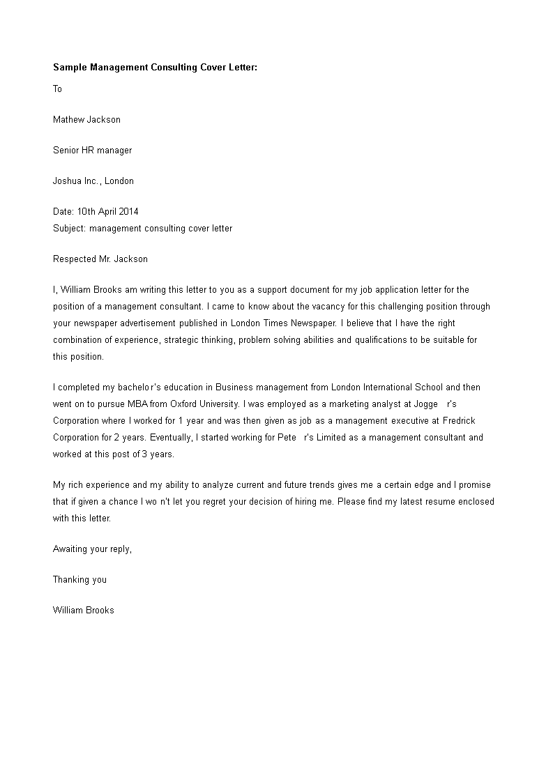 cover letter for a management consulting job