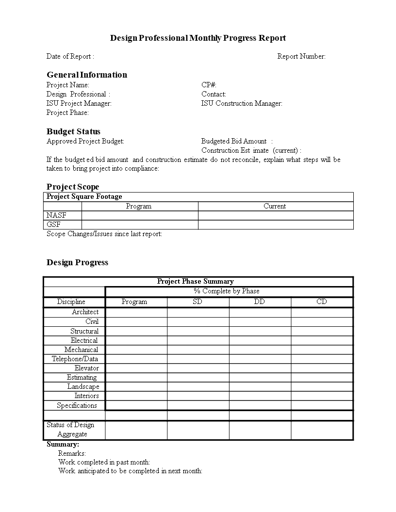 monthly progress report in word template