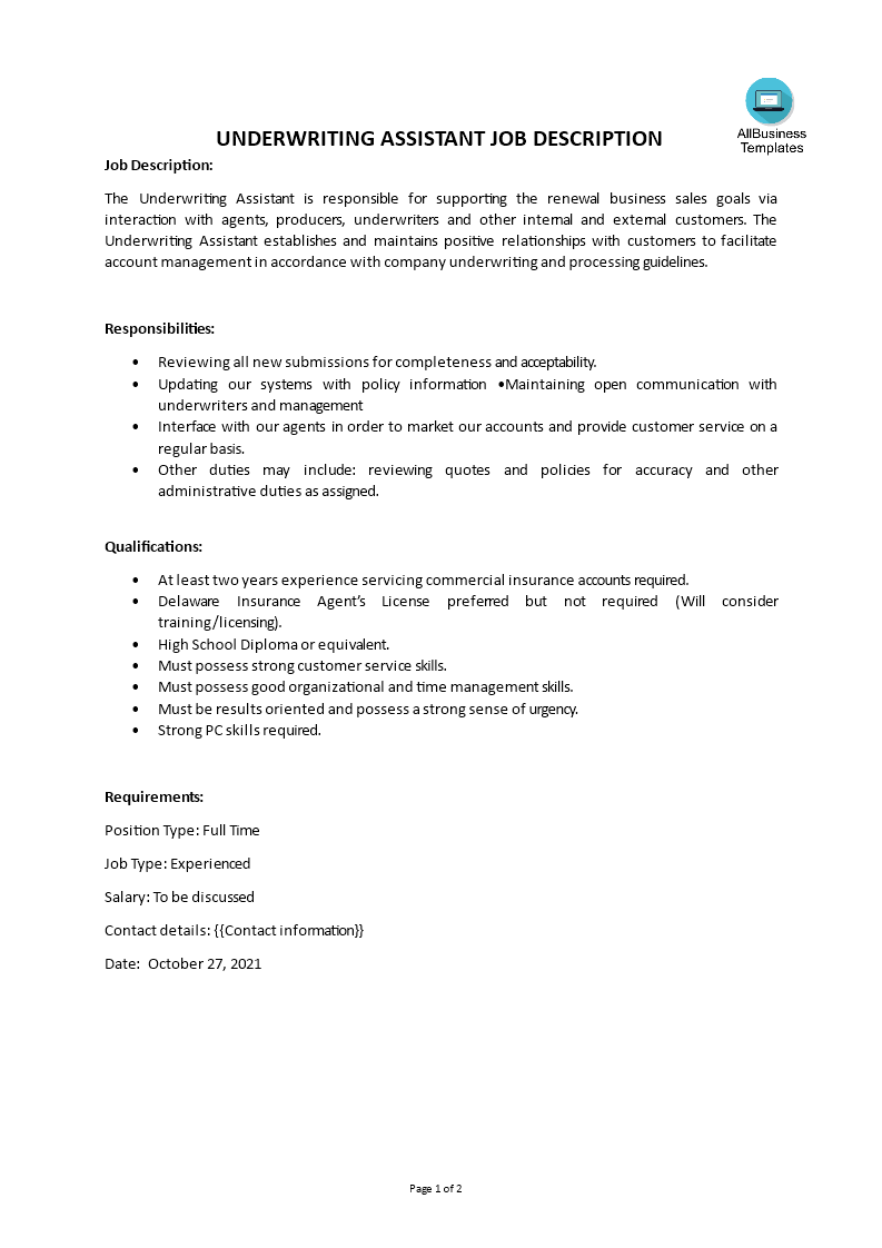 underwriting assistant job description template