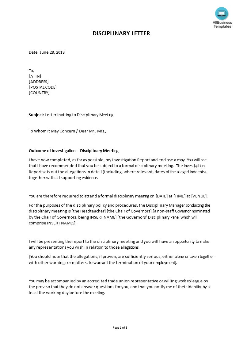 sample letter inviting to disciplinary meeting voorbeeld afbeelding 