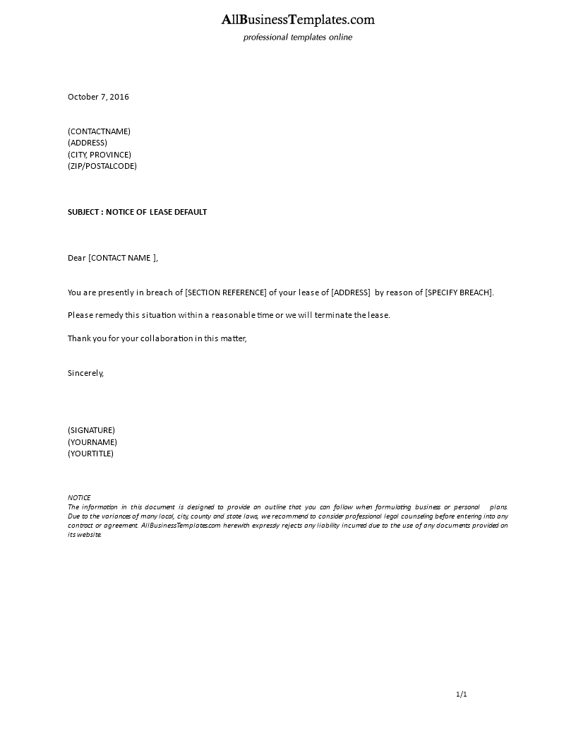 Kostenloses Formal Notice of Lease default Intended For Notice Of Default Letter Template