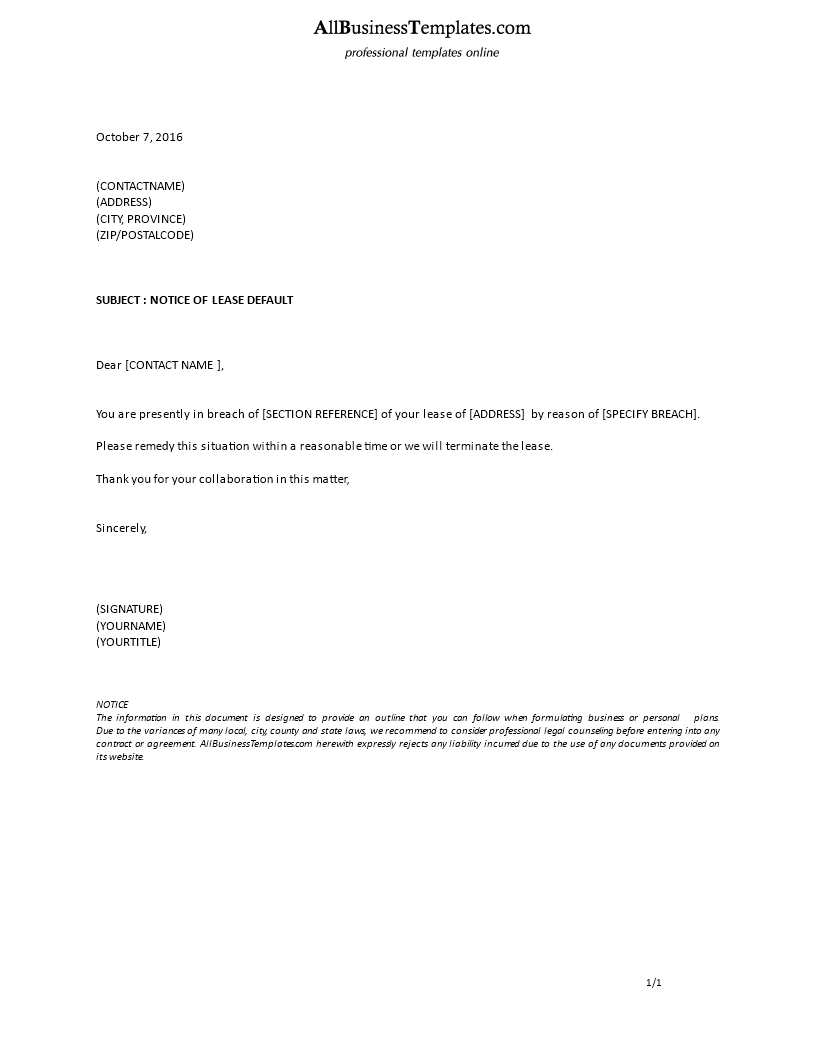 Notice Of Default Letter Template