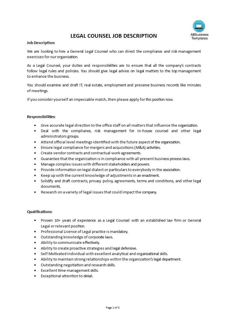 general counsel job description voorbeeld afbeelding 