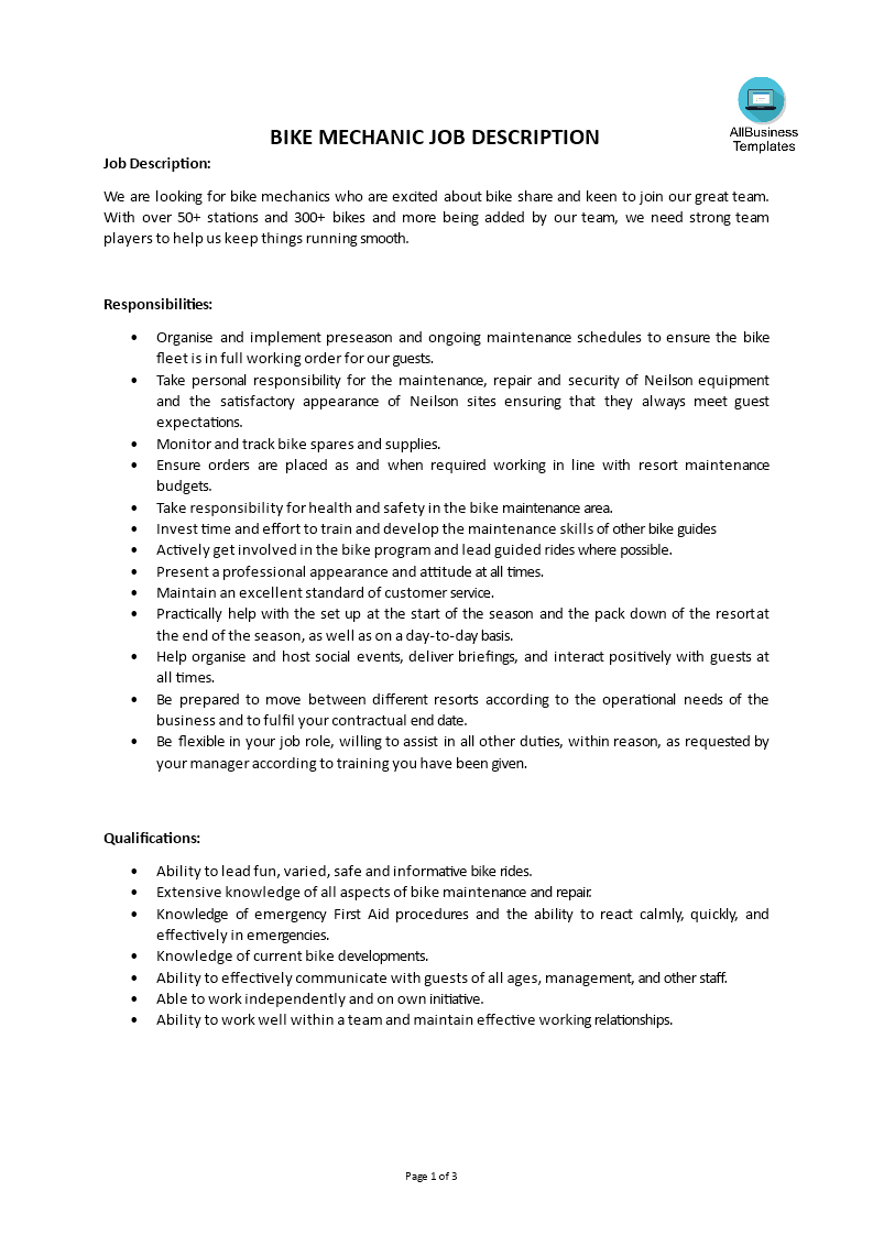 bike mechanic job description template