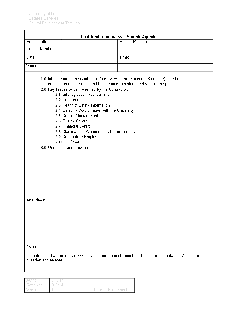 tender interview agenda template