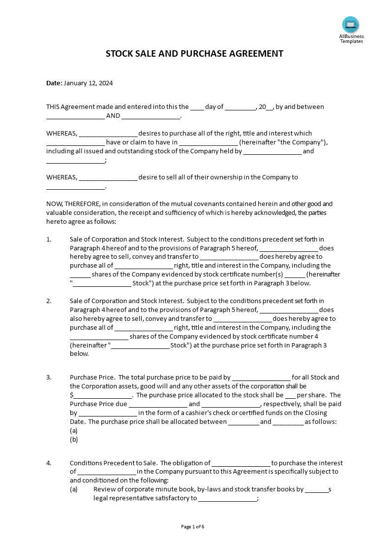 corporation buy sell agreement form modèles