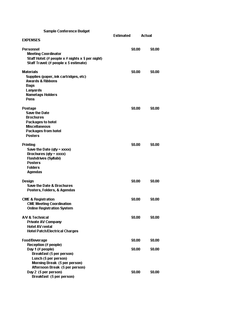 conference budget spreadsheet template