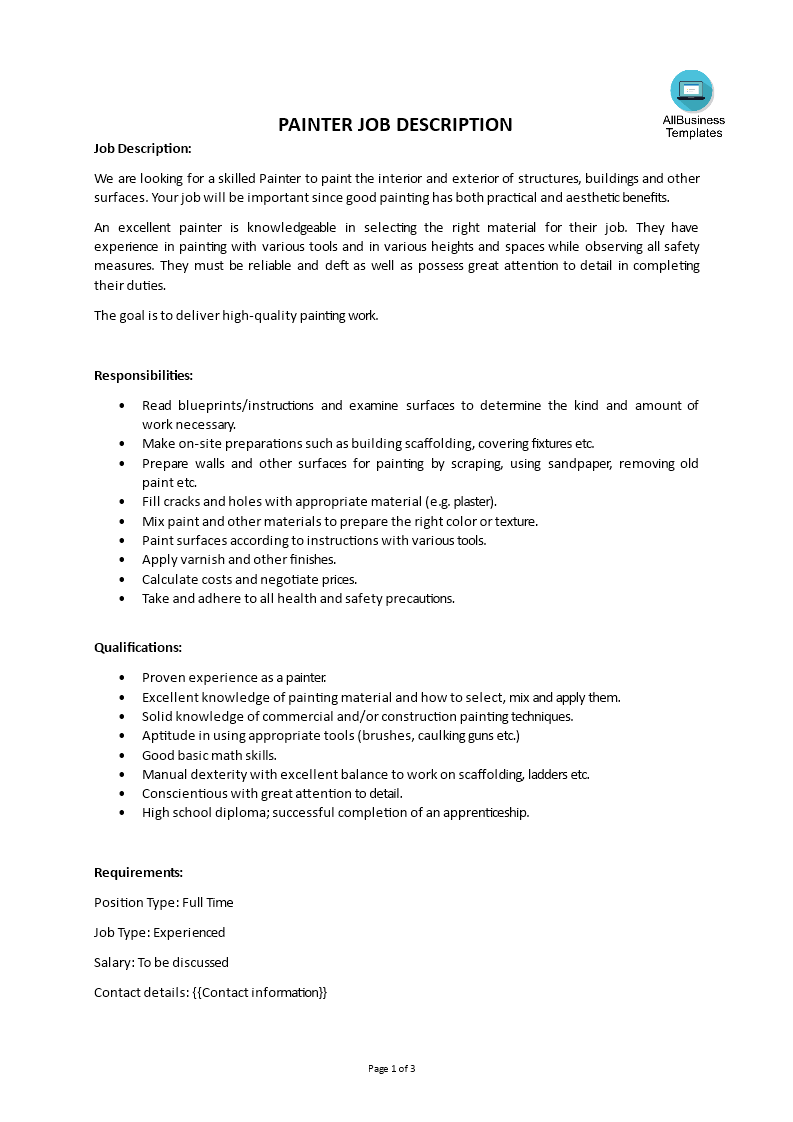 painter job description template