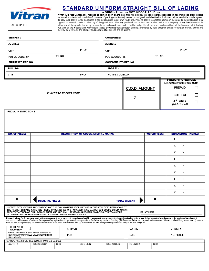 Bill Of Lading (B/L) 模板