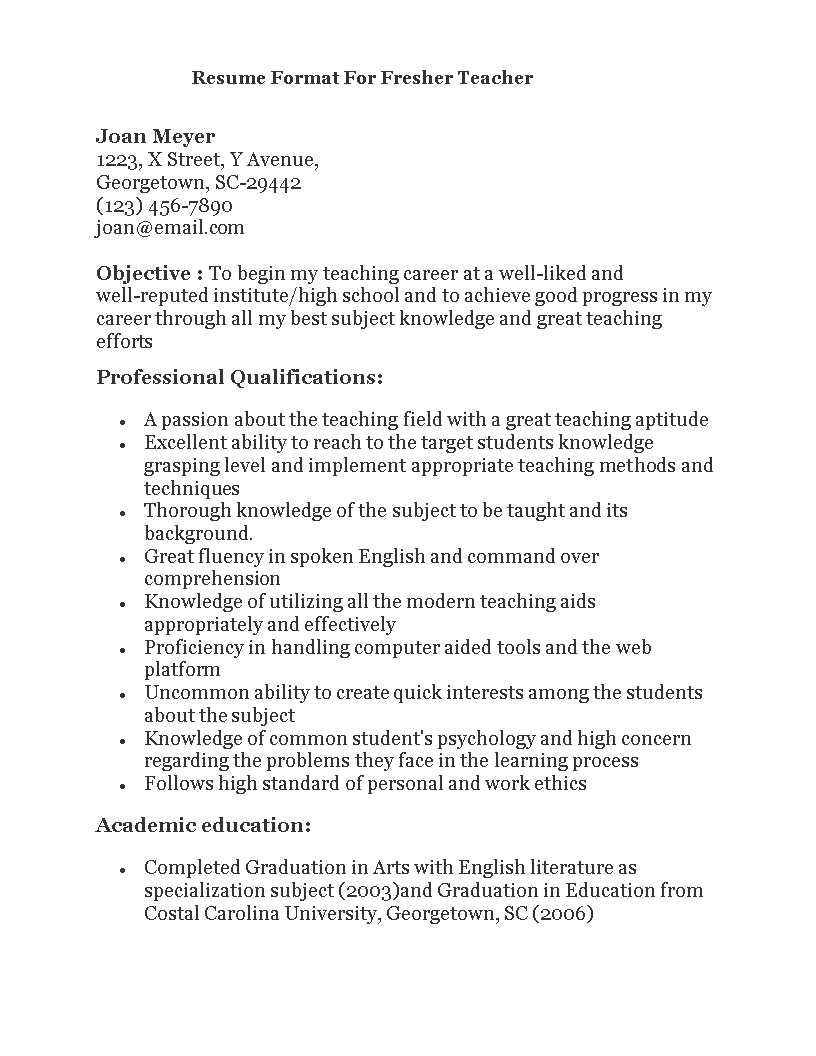 Fresher Teacher Resume Format Templates At Allbusinesstemplates
