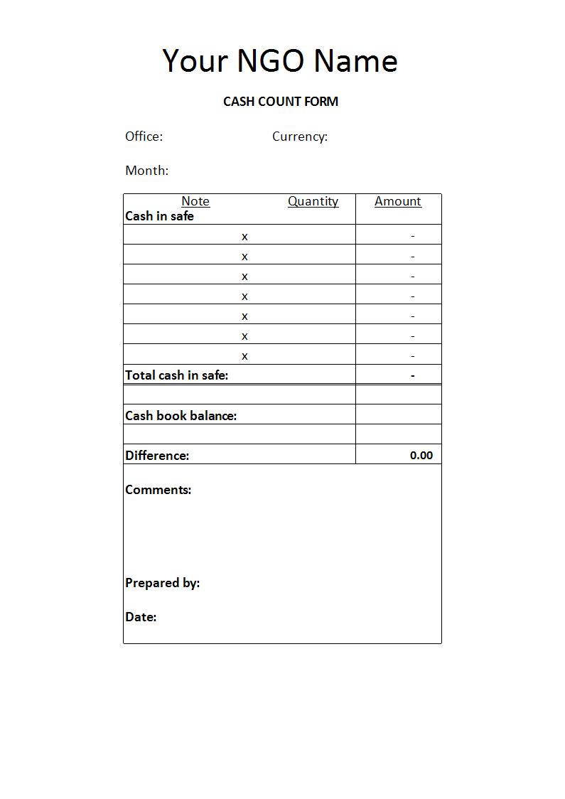 bank reconciliation cash count form voorbeeld afbeelding 