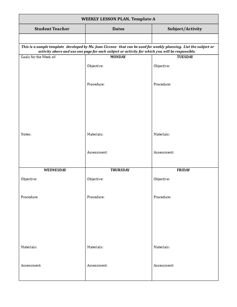 one page weekly lesson plan template