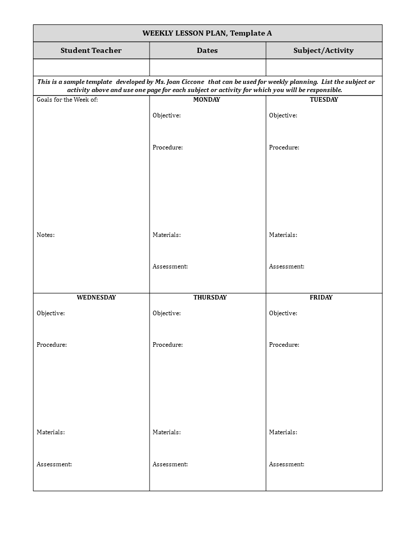 One Page Weekly Lesson Plan main image