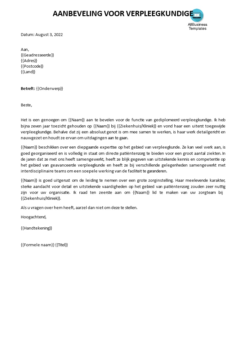 verpleegkundige aanbevelingsbrief van arts template