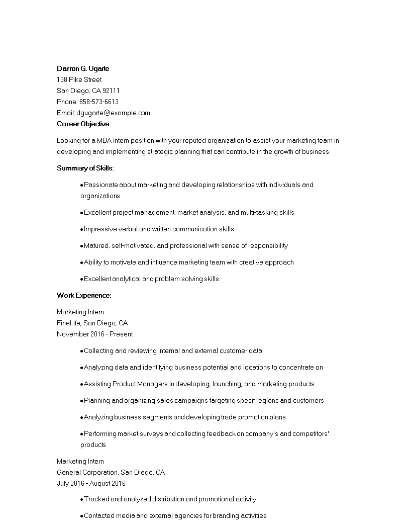 mba marketing internship resume modèles