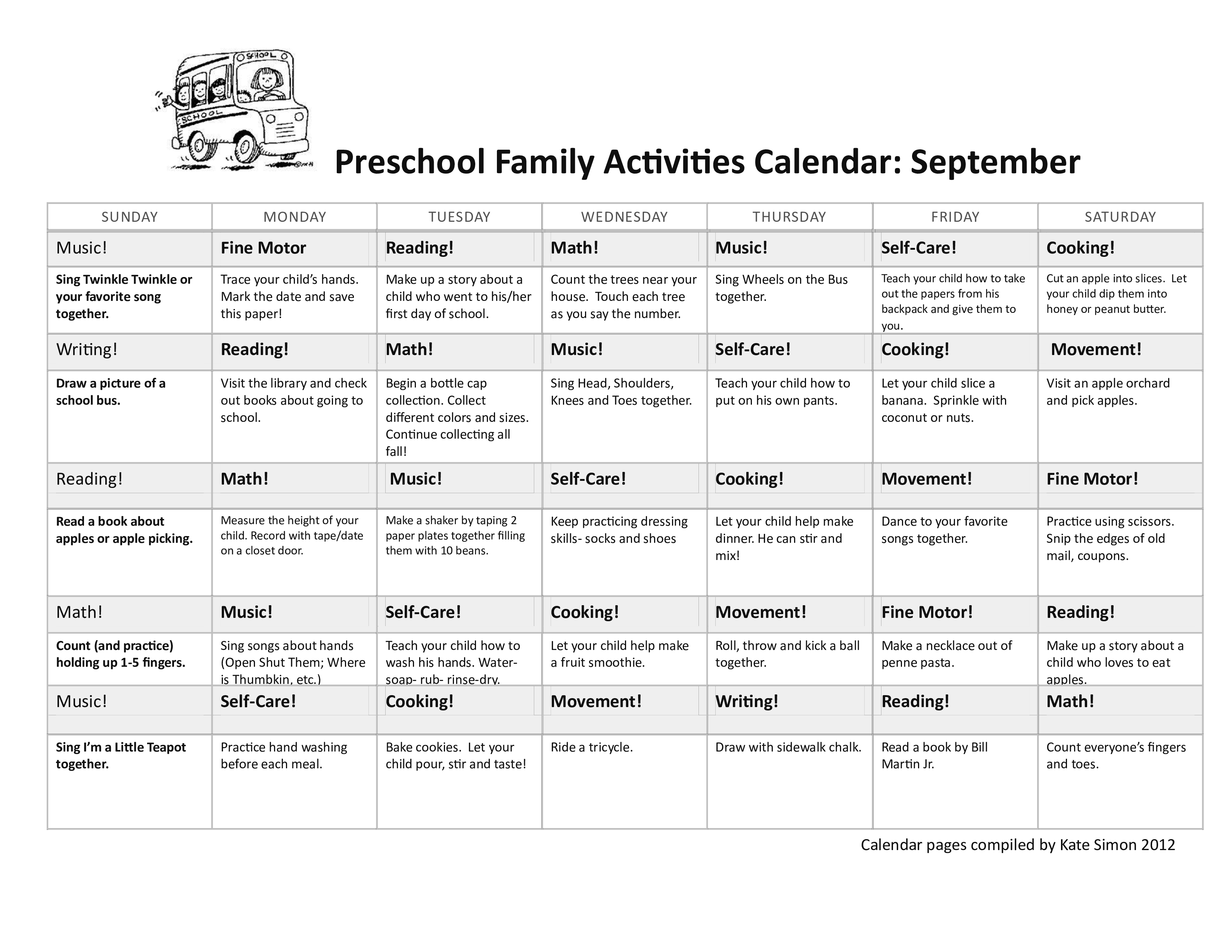 Preschool Educational Activity Calendar template 模板