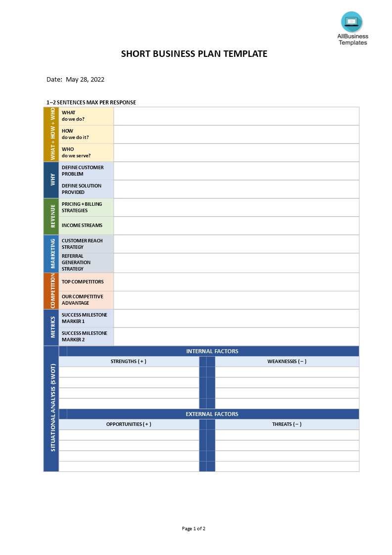 short business plan template modèles