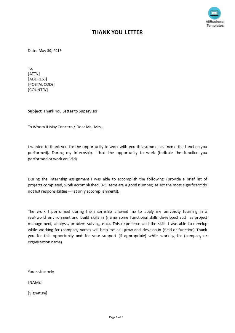 Kostenloses Internship Thank You Letter to Supervisor Sample