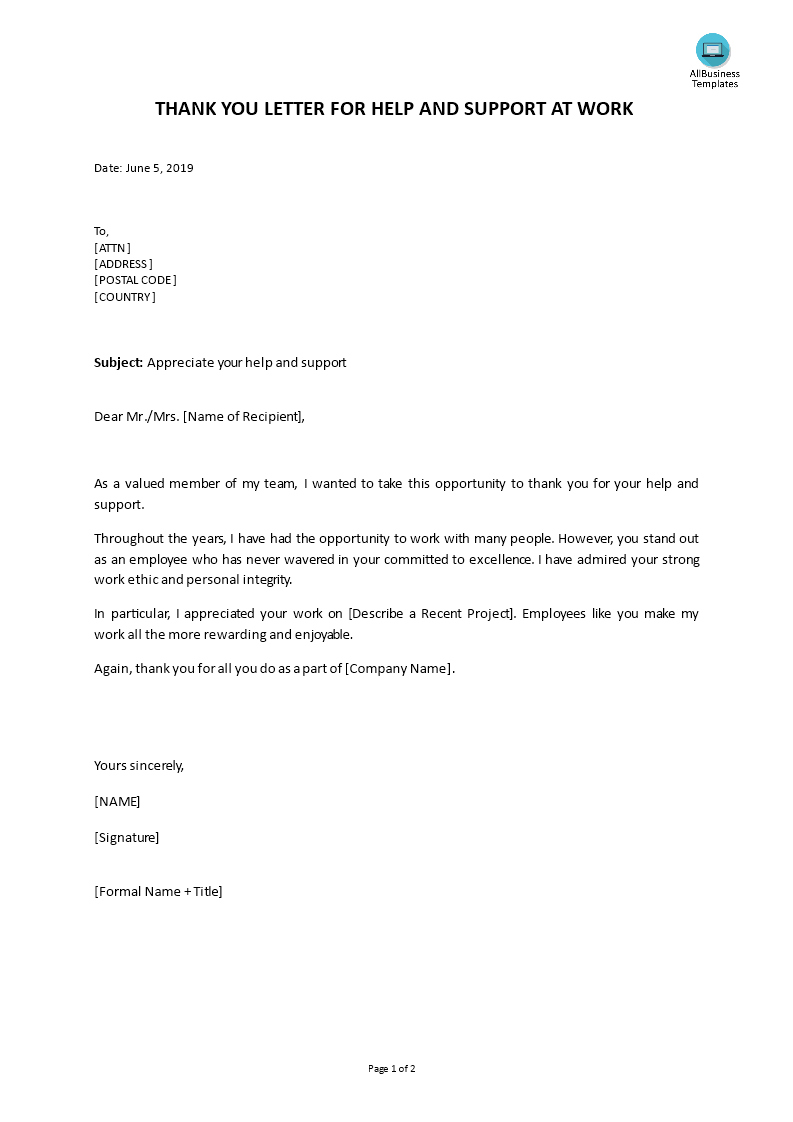 Gratis Thank You Letter For Help And Support At Work