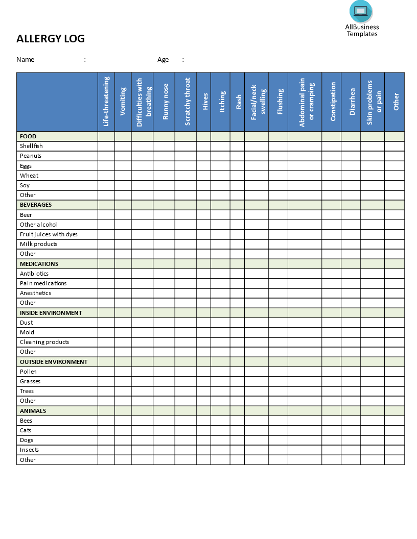 Allergy Log Template Templates at
