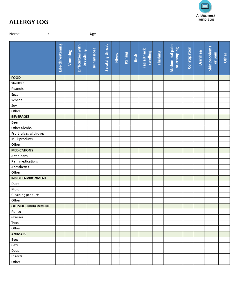 allergy log template Hauptschablonenbild