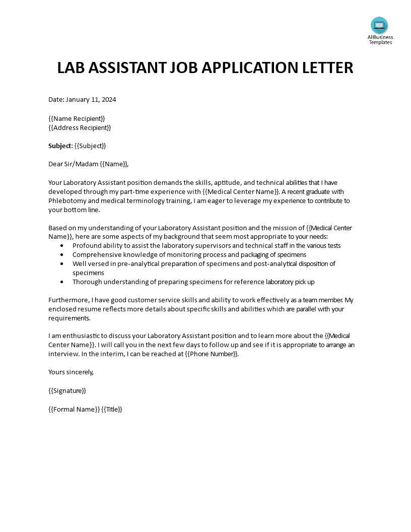 sample application letter for lab