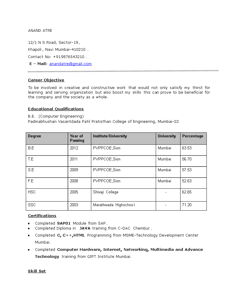 computer engineering resume format voorbeeld afbeelding 