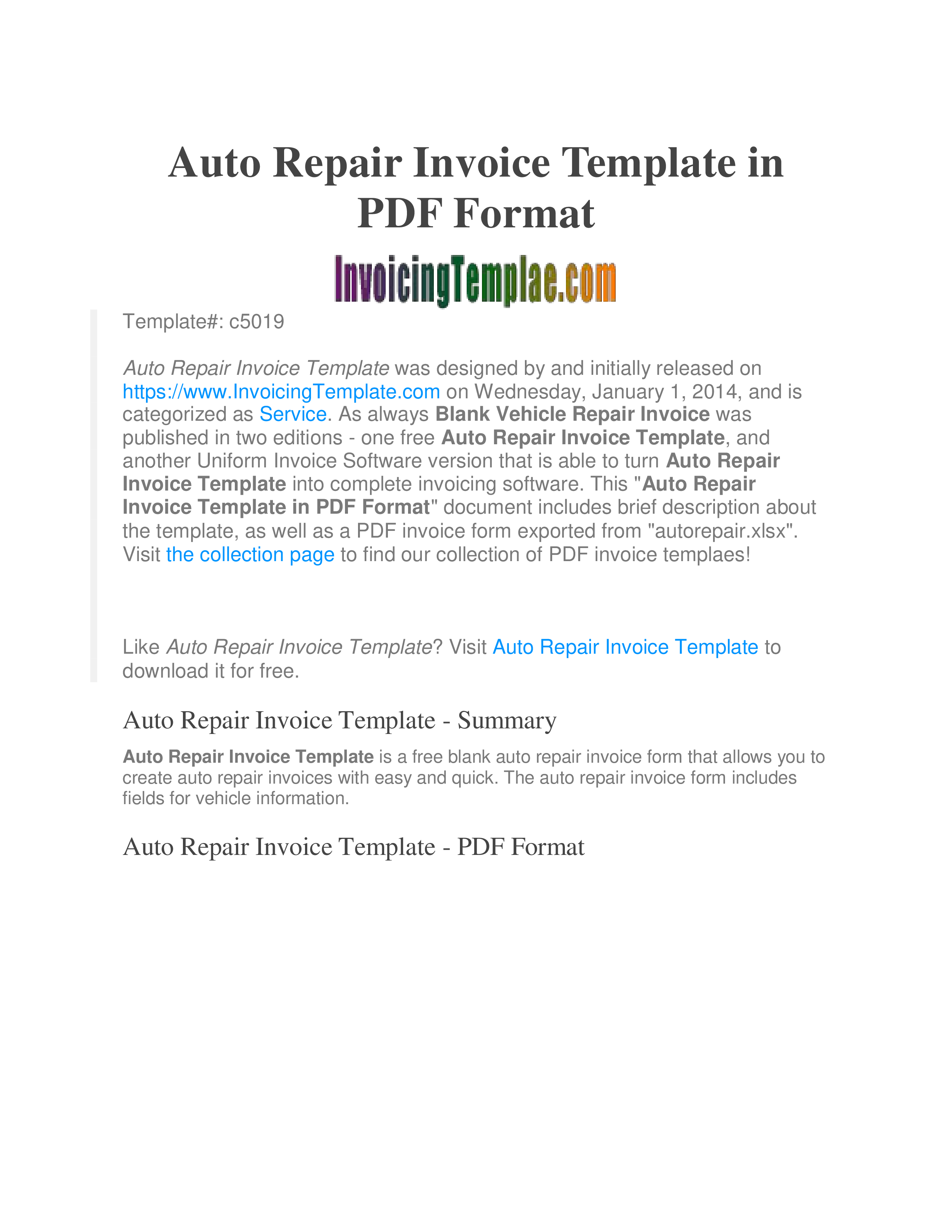 printable auto repair invoice plantilla imagen principal