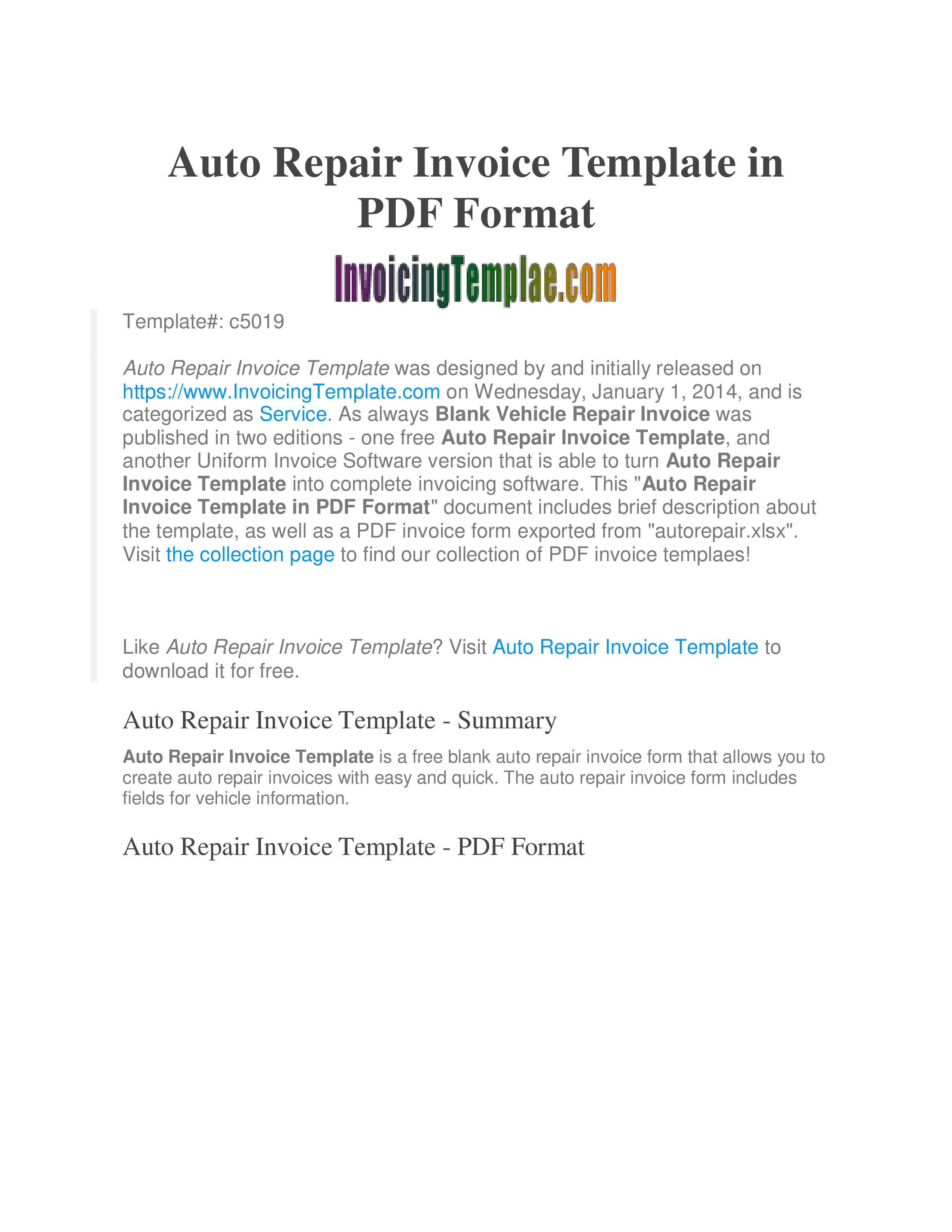 Printable Auto Repair Invoice main image