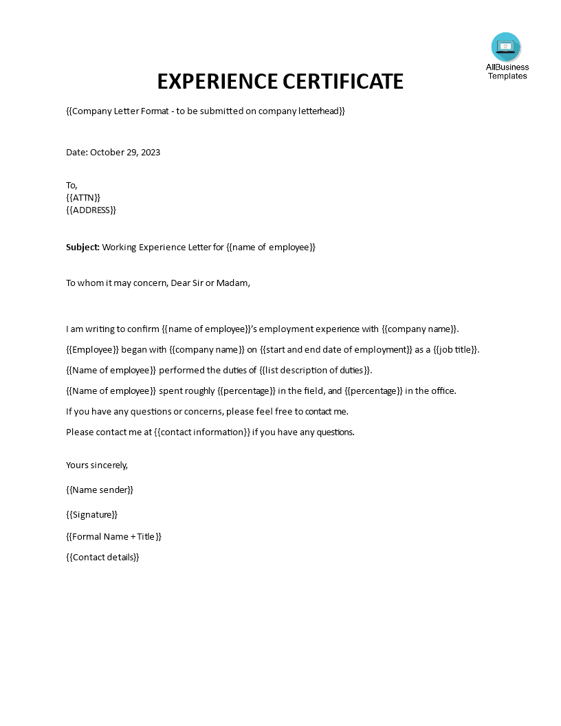 Work experience Certificate. Experience Letter. Experience Letter format. Experience Letter Sample.