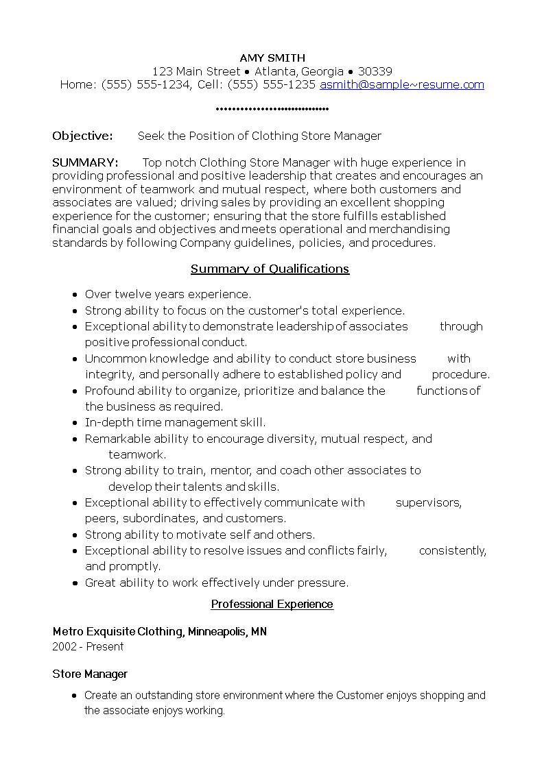 Clothing Store Manager Resume main image