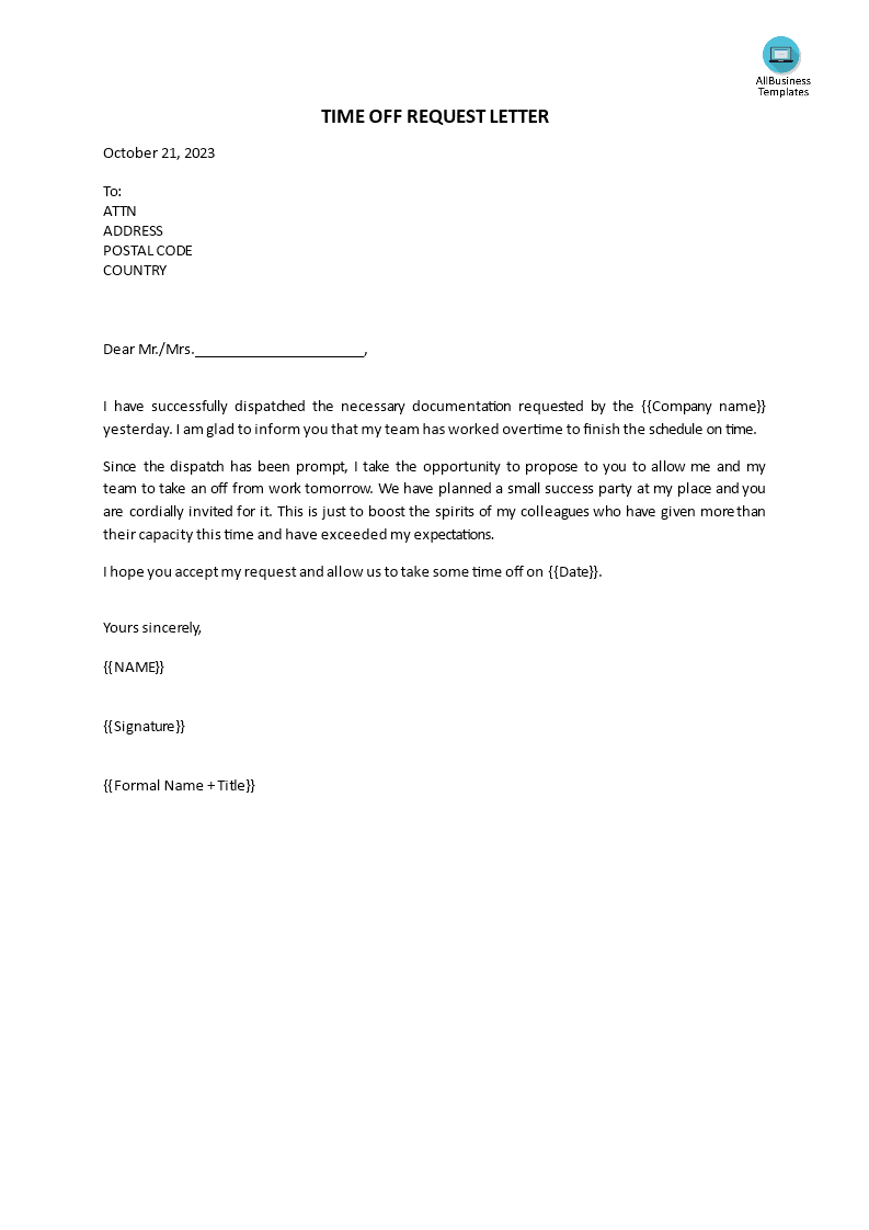 Time Off Request Letter Templates At Allbusinesstemplates