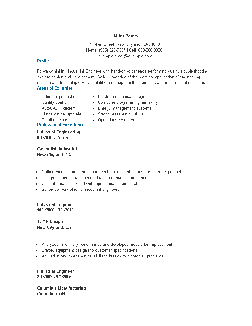 industrial engineering resume word voorbeeld afbeelding 