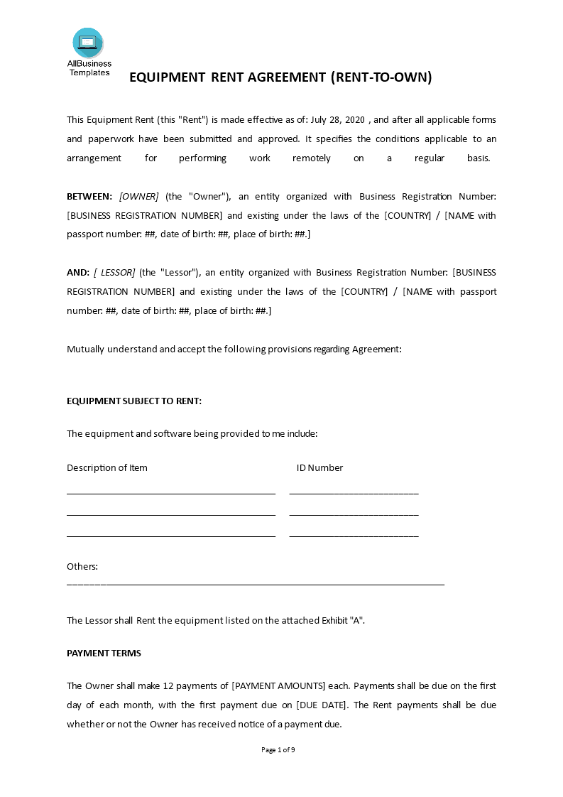 equipment rent agreement (rent to own) template