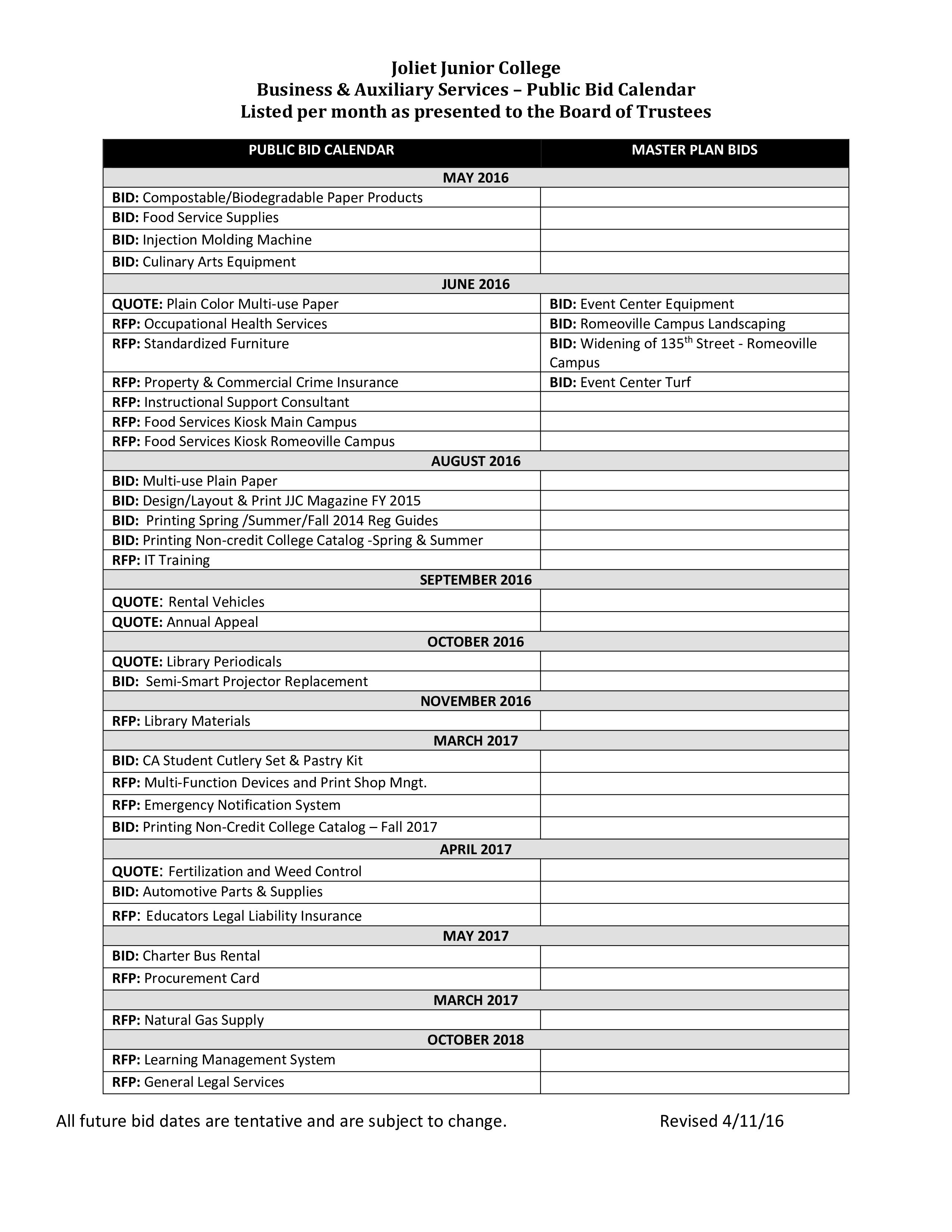 Bid Calendar 1 Month Sample main image