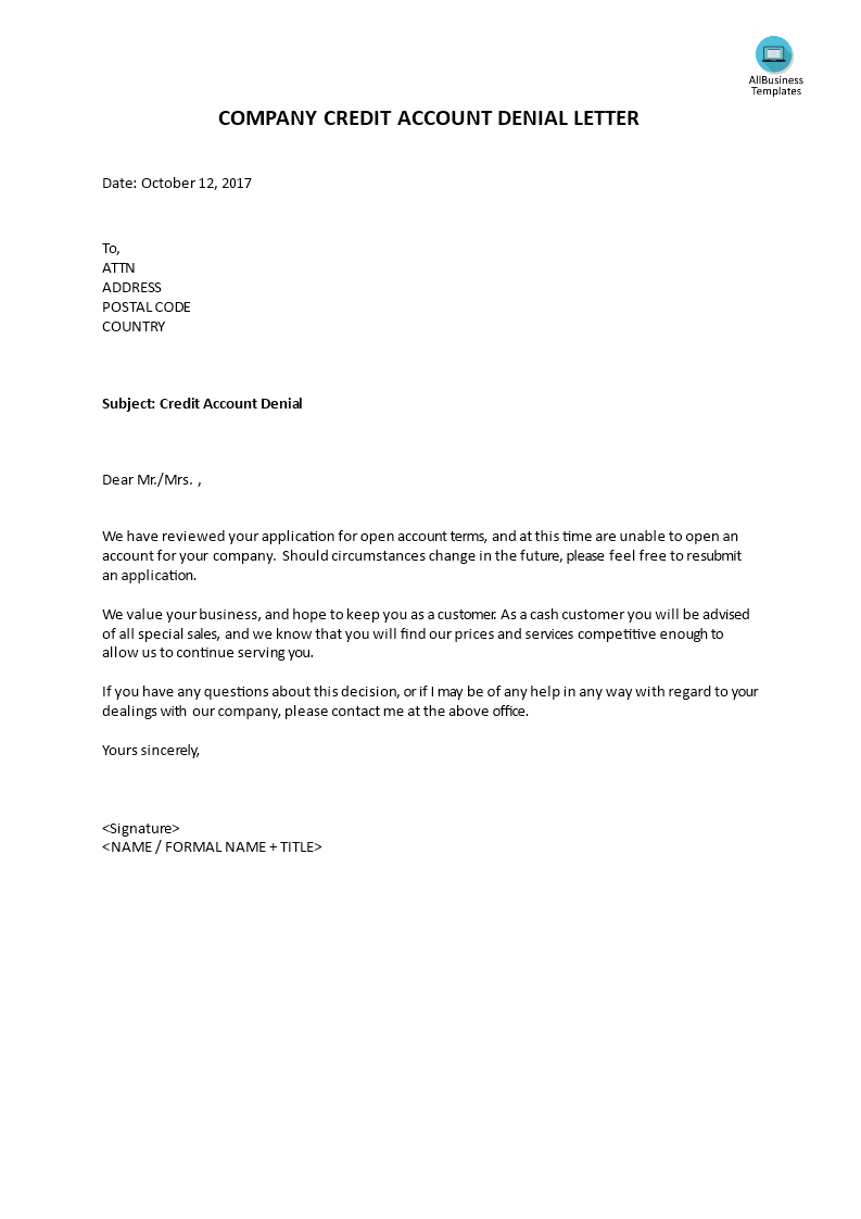company credit account denial letter template