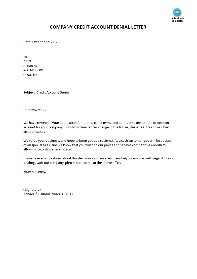 company credit account denial letter voorbeeld afbeelding 