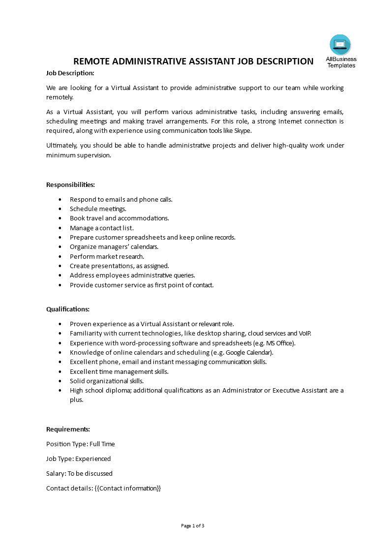 remote administrative assistant job description template