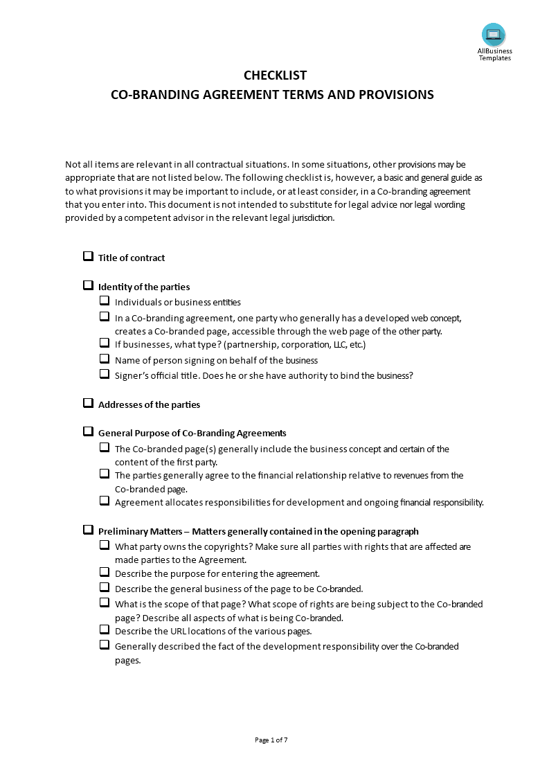 Checklist Co Branding Agreement  Templates at Within brand partnership agreement template
